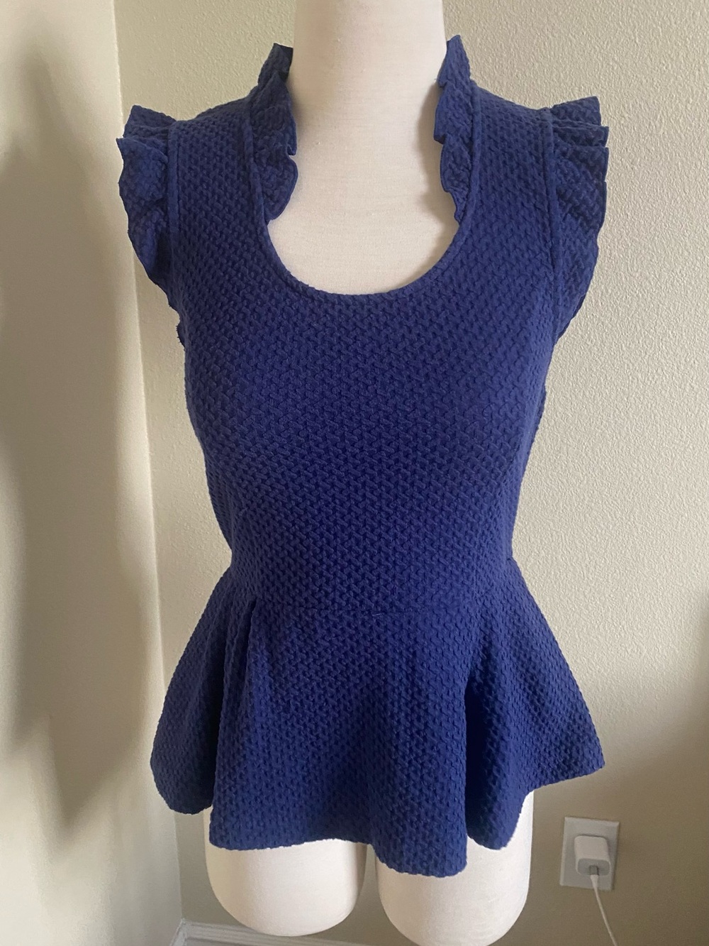Anthropologie Navy Textured Peplum Top with Ruffle Cap Sleeves
